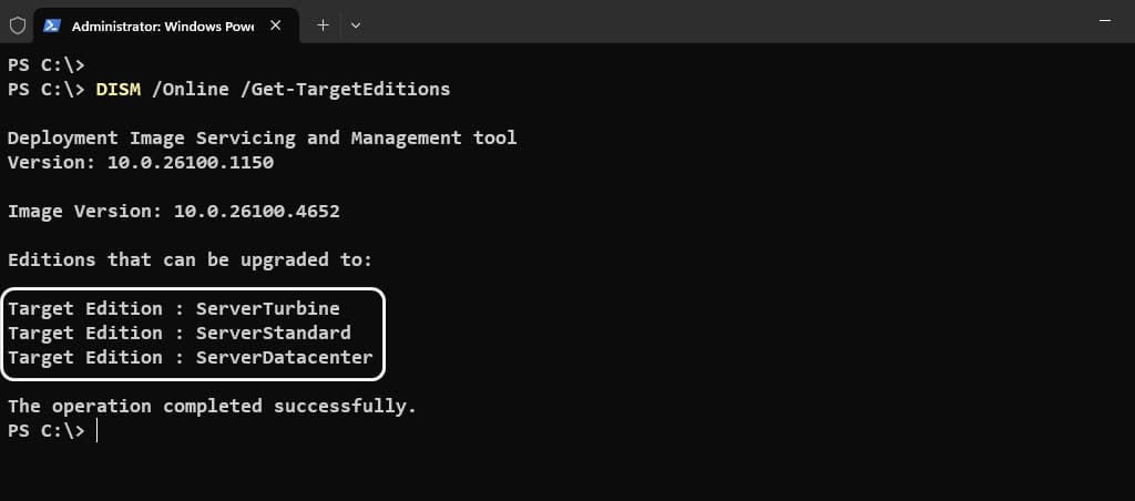 Get Windows Server target editions